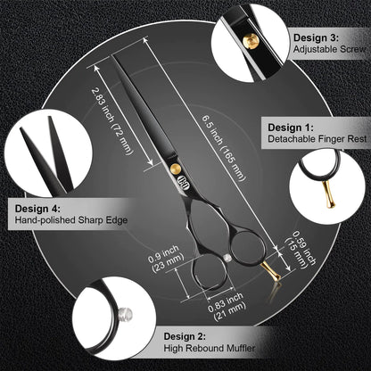 CIICII Hair Cutting Scissors, 6.5 Inch Professional Hair Scissors Set (Hair Cutting Shears Beard Trimming Grooming Haircut Kit) Right Left Handed Barber Scissors for Home Salon DIY Hairdressing Black Hair Cutting Scissors